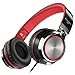Elecder i39 Headphones with Microphone Foldable Lightweight Adjustable On Ear Headsets with 3.5mm Jack for iPad Cellphones Computer MP3/4 Kindle Airplane School Red/Black