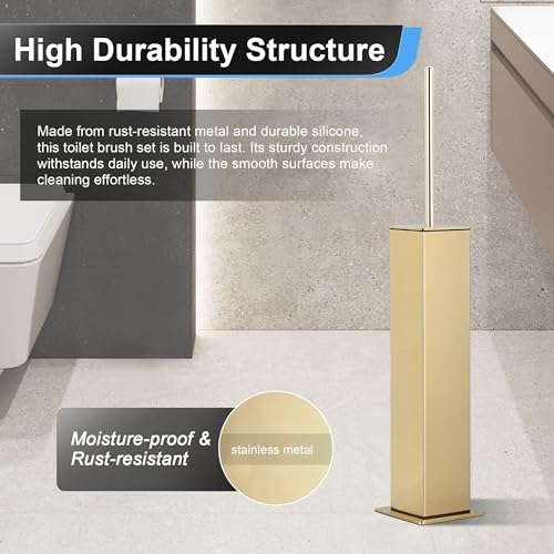 Image of BVL Toilet Brush and Holder Set Gold Stainless Steel 304 Square Freestanding Toilet Brush for Bathroom