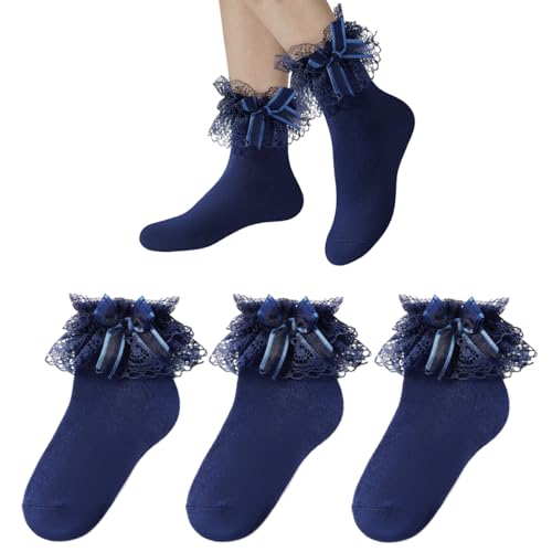 American Trends Toddler Girls 3 Pairs Ruffle Socks Baby Cute Bowknot Lace Dress Socks