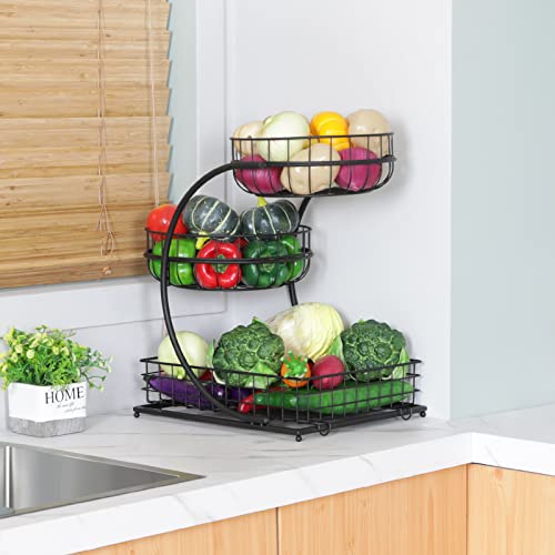 3 Tier Fruit Basket For Kitchen, Metal Wire Fruit Bowl For Kitchen Counter, Detachable Fruit Vegetables Storage Basket Holder Stand For Countertop Dining Table(Round And Square, Black) #TOP5