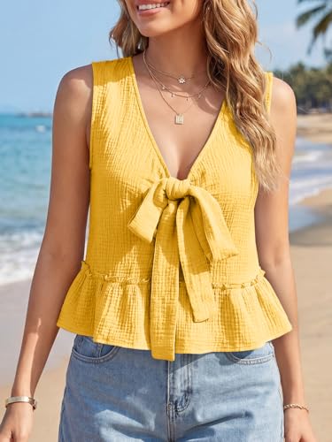 Cicy Bell Womens Babydoll Tank Tops V Neck Bow Tie Front Sleeveless Summer Shirts Sexy Peplum Flowy Flared Tops Yellow — view 4