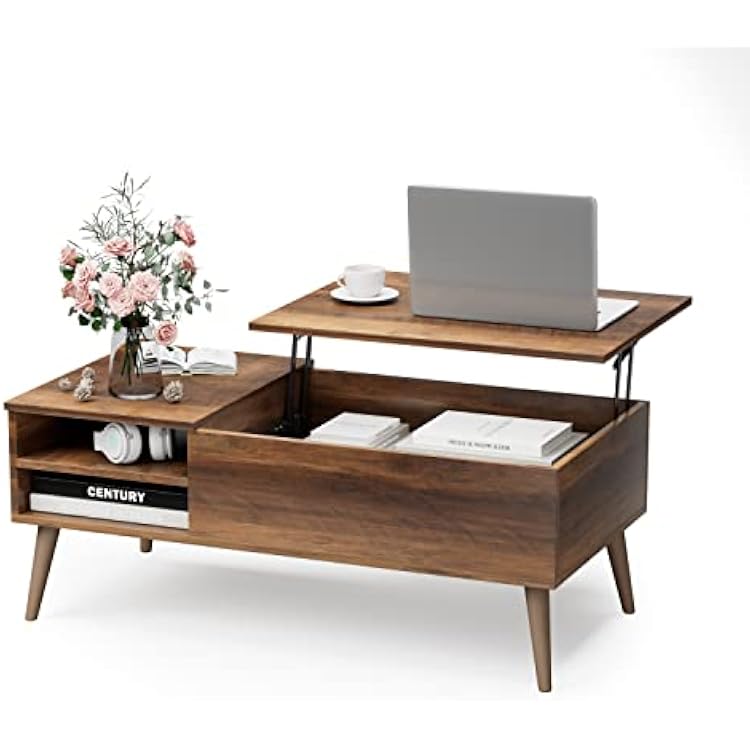 Furmax Wood Lift Top Coffee Table with Hidden Compartment, Storage Shelf and Metal Frame, Modern Center Table for Home Living Room Office Rustic Oak