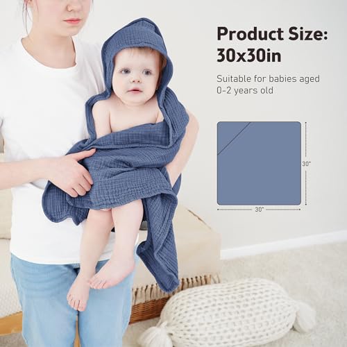 Image of Susurration Hooded Baby Towels for Newborn 2 Pack 100% Muslin Cotton Towel for Babies，Highly Absorbent and Newborn Essential 30x30 Inch Light Blue&Royal Blue