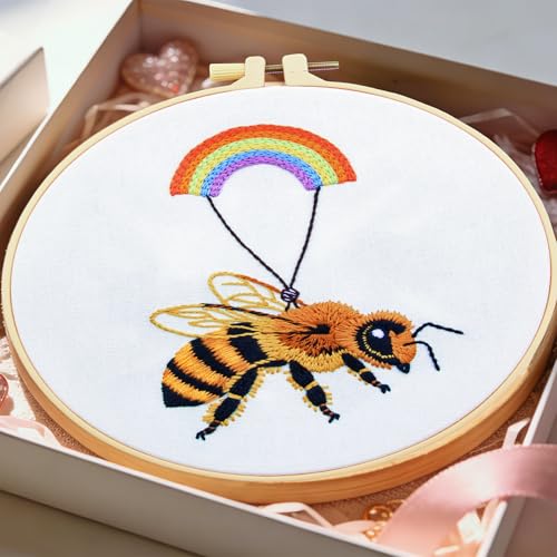Image of Crafmanoe Cute Bees Embroidery Kits for Beginners Adults, Hand Embroidery Starters Kits, Stamped Cross Stitch Kits DIY Needlepoint Kits for Beginners Adults, Embroidery Hoop, Thread and Video Tutorial