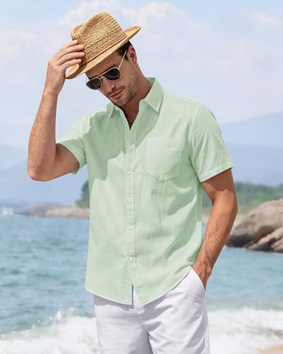 Image of J.VER Mens Linen Shirt Short Sleeve Button Down Casual Summer Shirts | Cotton Linen, Untucked, Big Tall, from Beach Camp Vacation, Cruise Fishing, Work Office, to Wedding Party Family, with Pocket