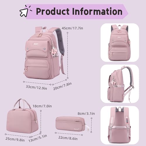 Bansusu 3Pcs Girls Backpack and Lunchbox Set for School Kids, Solid Color School Bag Plain Backpack for Girls with Lunch Bag, Grey - Image 2