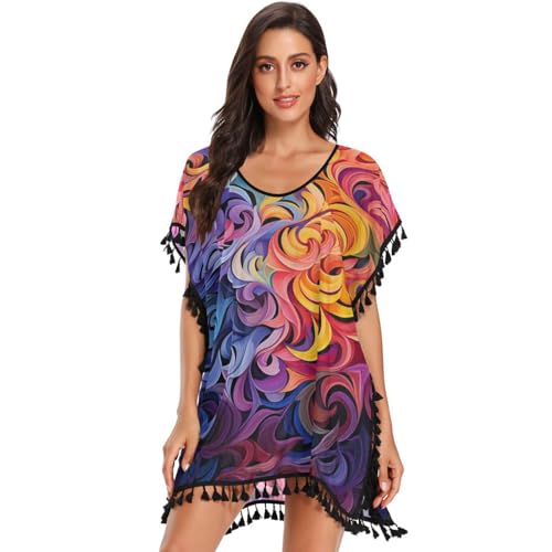 Abstract Wave Art Women's Beach Cover Up Chiffon Tassel Swimwear Swimsuit Coverups for Girl