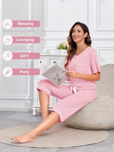 Image of EA'S SECRET 100% Cotton Women's Pajama Set V Neck Top and Capri Pants Sleepwear Sets Loungewear with Pockets