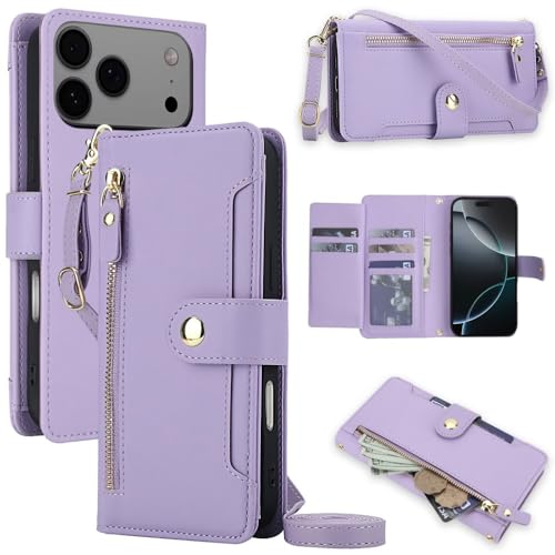 Étui cuir rabat iPhone 17 Pro Max violet sangle portefeuille zip