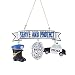 "SERVE AND PROTECT" POLICEMAN WITH BOOTS, SHIELD AND CAR DANGLES ORNAMENT