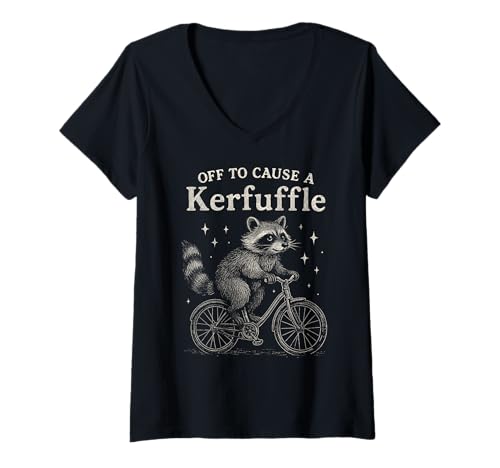 Women's Off to Cause A Kerfuffle Raccoon Bicycle Chaos V-Neck T-Shirt