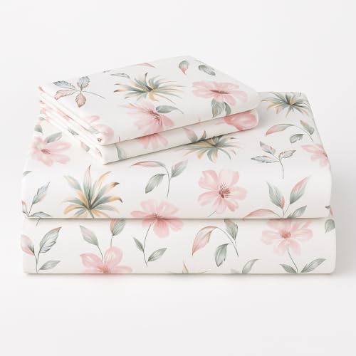 Image of SANMARINO 210TC Cotton King Size Bedsheet with 2 Pillow Covers | Premium Floral Print Design Flatsheet |Ultra Soft Breathable Skin Friendly Bedding Set for All Season Use 90 x 100 Inch,Tropical Pink
