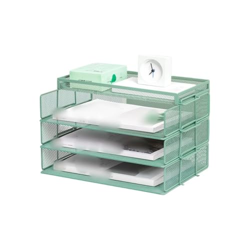 Effonek ファイルラック 新聞・雑誌フォルダー ペンホルダー付き デスクトップ収納 オフィス用品 学生用 取り外し可能 多層 A4用紙 (4段【3段+トップボックス】横型サイドメッシュ/モランディグリーン)