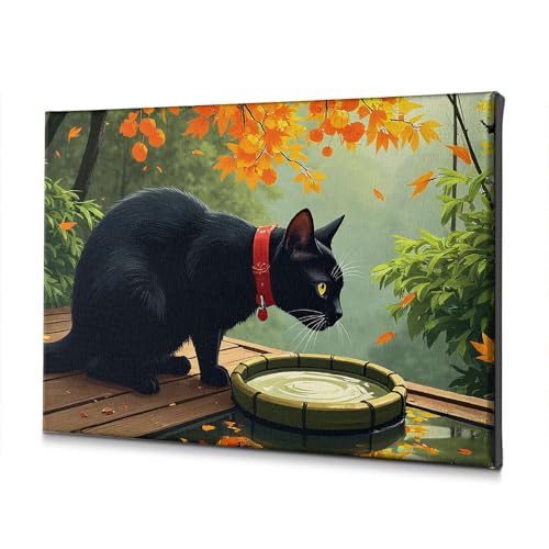 Tableau chat noir avec collier orange décoration murale automnale