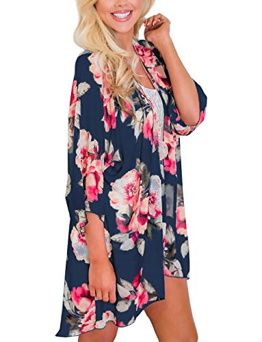 Women's Kimono Cardigan Floral Print Chiffon Beach Open Cover ups Casual Loose Tops Shawls (Deep Blue,M)