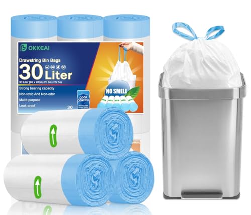 OKKEAI Bolsas de basura con cordón de 30 litros, bolsas de basura blancas para cocina, con asa de corbata, pedales, bolsas de basura grandes y fuertes para jardín, oficina, para cubos de basura de 23