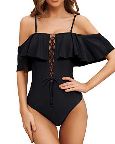 Tempt Me Women Black Sexy One Piece Swimsuit Ruffled Off Shoulder Lace Up Bathing Suit Xxl #TOP2