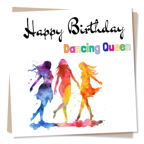 Happy Birthday Dancing Queen Card, Colourful - Playful Dancers - Elegant Background - For Friend, Partner, Loved One, Best Friend, Relative, Colleague or Other