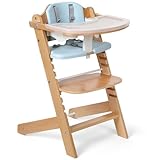Picture of Cowiewie Natural Wooden High Chair for Babies & Toddlers 3-Tier Remove & Adjustable Tray, 8 Adjustable Highchair with Cushions, Portable (Blue)