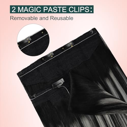 Image of Easyouth Wire Hair Extensions Ombre Human Hair Wire Extensions Balayage Black with Silver Fish Line Hair Extension Real Human Hair Blend Naurally 16 Inch 80g