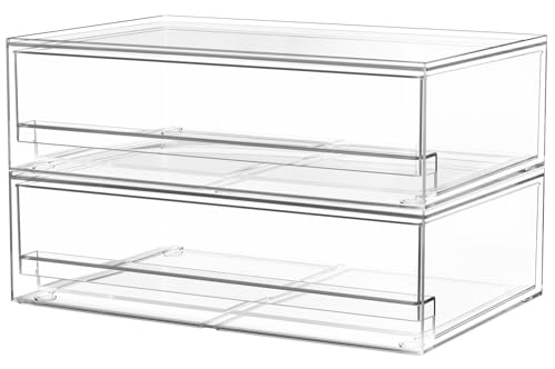 Image of A-LuGei 【𝟮𝗣𝗖𝗦】 Acrylic Stackable Storage Drawers, 11.8" W Makeup Organizer, Bathroom Organizer and Storage, Plastic Storage Bins for Kitchen Cabinet Pantry Medicine Fridge