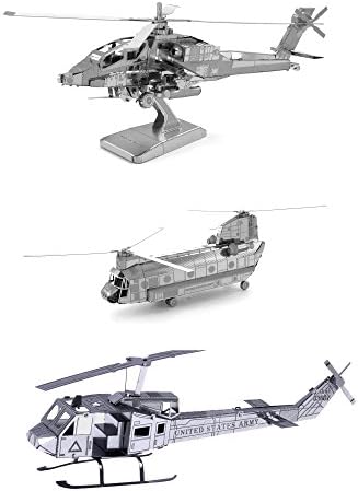 Set of 3 Metal Earth 3D Laser Cut Helicopter Models: AH-64 Apache - CH-47 Chinook - UH-1 Huey