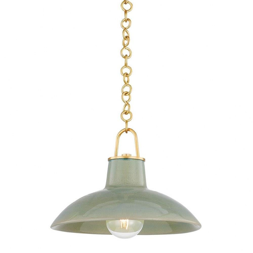 Hudson Valley Lighting Pottersville 12.5" Pendant Light | Aged Brass Finish | Ceramic Moss Crackle Shade | Mid-Century Modern Pendant | Made of Metal