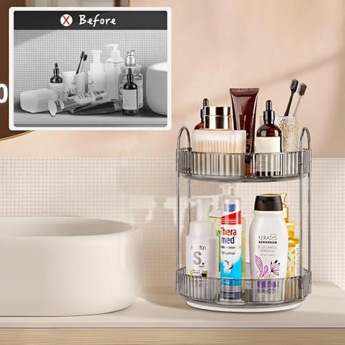 Image of JD FRESH 360 Degree Rotating Makeup Organizer 2 Layer Cosmetic Storage Box Vanity Stand with Drawers for Lipsticks Skincare Perfume Bathroom Countertop Dressing Table Organizer (Light Grey)