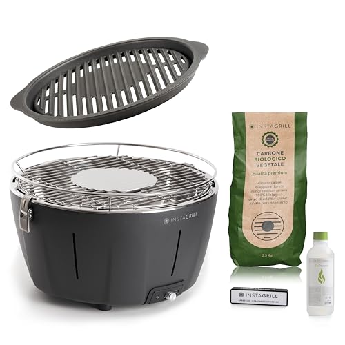 Classe Italy | Barbecue de table ou de balcon à charbon avec grille en fonte. Barbecue portable, de camping avec batterie rechargeable, charbon et gel pour allumage. ADVANCED noir anthracite