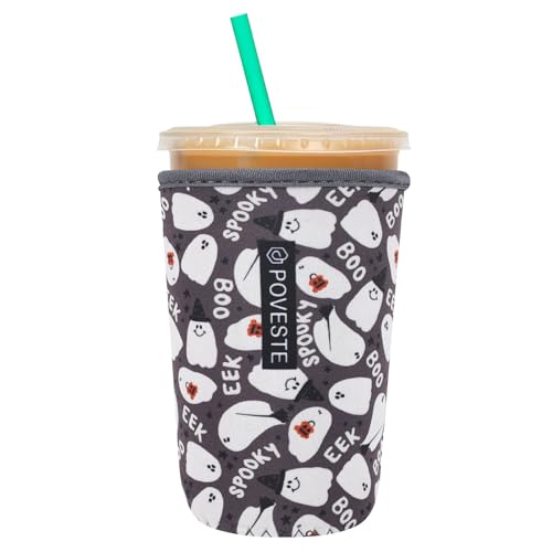 Image of Reusable Neoprene Insulator Sleeve for Iced Coffee & Cold Soda, Coffee Sleeves for Iced & Hot Drinks, Cold Beverage Cooler Compatible with Starbucks, Dunkin (Halloween Boo, Medium: 22-24oz)