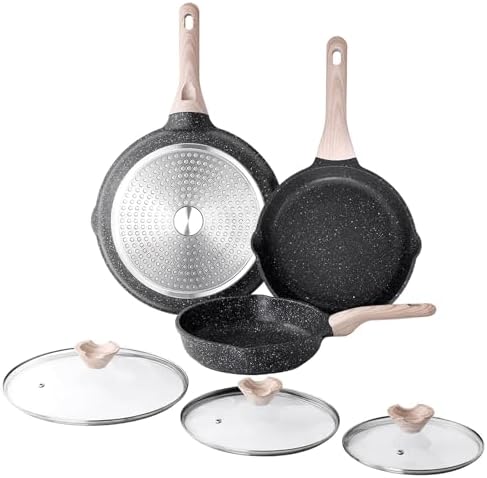 Kordisen 3-teiliges Bratpfannen-Set mit Deckel 24/28/32 cm, Granit Beschichtung Induktion Pfanne, Gesunde Stein Antihaft Kochgeschirr, PFOA Frei