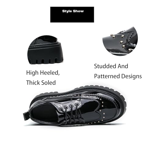 Platform Wingtip Oxford Shoes with Studded for Men's Patent Leather Wingtip Chunky Heel Lug Sole Non Slip Business Derby Oxfords for Dating Party Prom Wedding Causal Work Office Shoes2