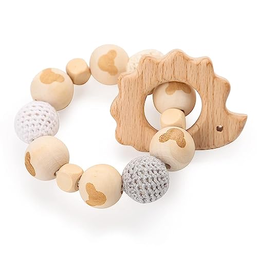 Image of Baby Teething Toys Wooden Teethers BPA Free Wood Chewable Toys Natural Beech Baby Teething Ring Rattles (Hedgehog)