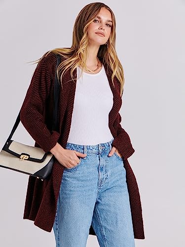 Anrabess Long Cardigans For Women Casual Long Sleeve Open Front Hoodie Sweater Coat Coatigan Oversized Striped Knitted Pockets 2023 Trendy Jacket Outwear 616Heihong-M Red-Black #TOP1