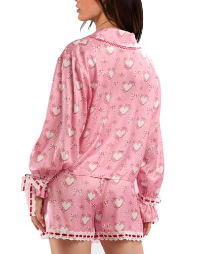Image of Yiulangde Valentines Heart Bow Pajamas for Women Silk Satin Ruffle Shorts Pjs Tie Front Long Sleeve Shirts Pajamas with Bows