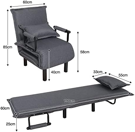 ARTETHYS Single Folding Sofa Bed Chair, 3-in-1 Foldable Bed Armchair 6 Position Arm Chair with Pillow, Leisure Chaise Lounge Couch for Living Room Home Office, Grey