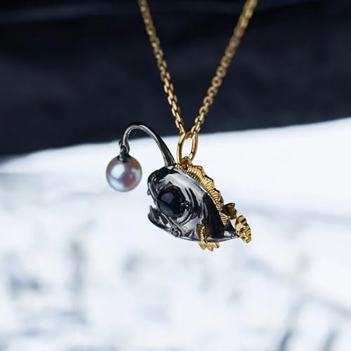 Hi Pearl Necklaces for Men Women Unisex Angler Fish Necklace Small Lantern Fish Pendant Choker Necklace Freshwater Natural Pearl Lure, 18 Inches with Extender4