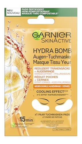 Garnier Masque pour les yeux hydratant, anti-cernes, réduction des poches sous les yeux, formule végétalienne à l'extrait d'orange et à l'acide hyaluronique, Hydra Bomb 6 g