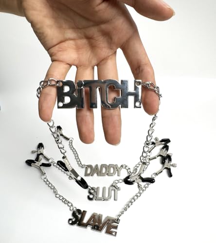 YILUQIFLY Pinces à tétons avec chaîne Corps Poitrine Réglable Couple Plaisir sexuel pour Femmes BITCH/DADDY/SLAVE/SLUT Torture BDSM Étroitesse réglable (Une pièce BITCH)