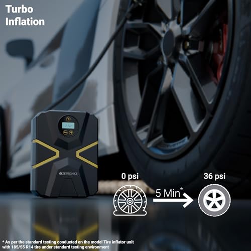 Image of Zebronics Wired Tyre Inflator, 150 PSI, 12V Car Port Adapter, 3m Cable, Digital Display, Accessory Storage, Flashlight, Multiple Nozzles, for Car, Bike, Bicycle, Sports Balls (22TIW)