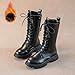 Girls Fleece Lined Mid Calf Lace-Up Riding Boots, PU Leather Side Zipper Punk Goth Boot Fashion Combat Boots Black
