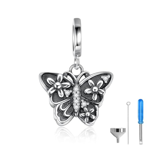 925 Sterling Silver Butterfly Cremation Urn Charm, Memorial Keepsake Bead for Bracelet, Necklace