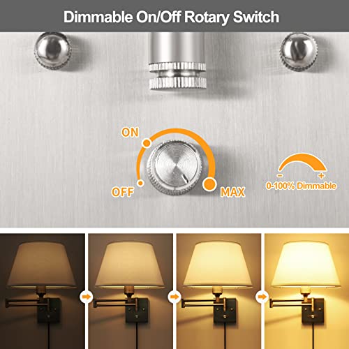 Image of TRLIFE Dimmable Wall Sconce Plug in, Brushed Nickel Wall Sconces Set of Two Swing Arm Wall Lights with Plug in Cord and On /Off Dimmer Rotary Switch, 11.8 inch Large White Fabric Shade(2 Pack, 2 Bulbs)