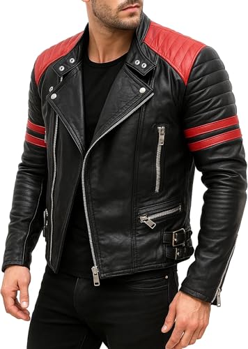 Image of Black Leather Jacket for Men - Cafe Racer Brando Style with Red Stripes Quilted Motorcycle Real Leather Jacket