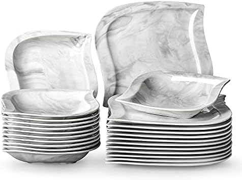 MALACASA seria Elvira 12-częściowy serwis obiadowy, porcelana z marmurowym wzorem, serwis stołowy, zestaw naczyń z 6 talerzami płaskimi i 6 talerzami głębokimi