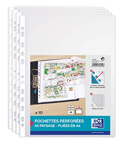 Elba - Confezione Da 10 Buste Trasparenti In Plastica Perforata, Formato A3, Orizzontali Piegate (Compatibili Con Formato A4), 11 Trous, Incolore