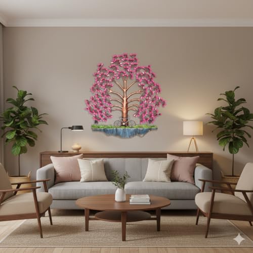 Image of Bharat Art Metal Tree Wall Art with LED Light for Living Room | Handcrafted Iron Tree Wall Hanging Home Decoration for Bedroom, Hall, Office & Entrance | Pesto Tree Pink | 31x2x40 inch | WD056 (A)