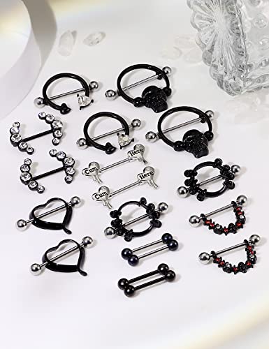 Vsnnsns 14G Nipple Rings Nipple Piercing Jewelry Stainless Steel Skull Nipple Tongue Ring Barbell Piercing Jewelry For Women Nipple Rings Cz Heart Shape Piercing Jewelry 9 Pairs Black #TOP3
