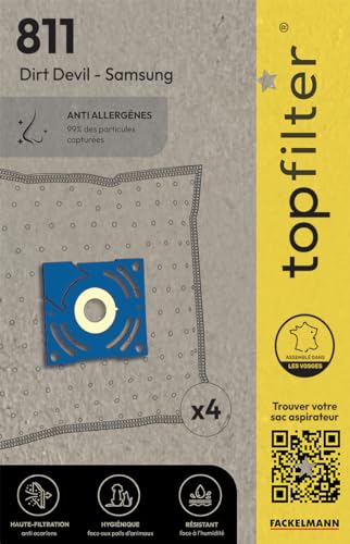 TopFilter 811, 4 sacs aspirateur pour Samsung et Dirt Devil boîte de sacs d'aspiration en non-tissé, 4 sacs à poussière (30 x 26 x 0,1 cm), Blanc