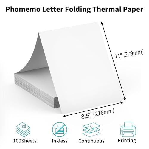 Image of 100 Sheets Phomemo Thermal Paper, 8.5'' x 11'' US Letter Size, Smoothing Folded Thermal Print Paper Compatible with M832D M832 M834 M835 M833 M836 M08F-Letter Portable Printer